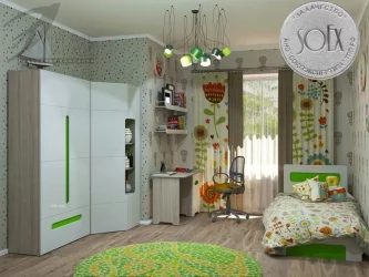 Шкаф двустворчатый с ящиками Палермо Юниор 07 Белый глянец Ясень шимо светлый Зеленый