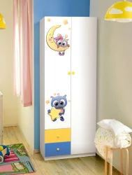 Зеленый шкаф комбинированный с ящиками, зеркалом и фотопечатью Совята 2.1 Белый/Лайм/Синий