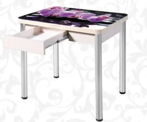 Стол поворотно-раскладной 1,2 Ника с ящиком СТЕКЛО, опоры Д50 круглые ХРОМ, Беленый дуб/Р045 / D50 дуб/R045