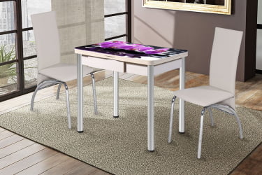 Стол поворотно-раскладной 1,2 Ника с ящиком СТЕКЛО, опоры Д50 круглые ХРОМ, Беленый дуб/Р045 / D50 дуб/R045