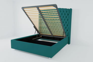 Мягкая интерьерная кровать &куот;Берлин Люкс&куот; с подъемным механизмом Материал фасада: Велюр; Спальное место: 2000х2000 мм; Цвет фасада: Бирюзовый; Цвет корпуса: Бирюзовый / "Берлин Люкс"