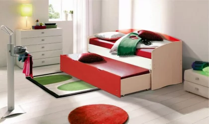 Кровать детская выдвижная Дуб молочный/Оранжевый/Желтый глянец