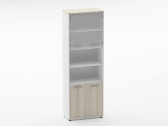 Шкаф 5 широкий верх стеклянная дверь, низ закрытый, две полки открытые Дека 10.23.191 Дуб Сантана светлый/Белый / Deka