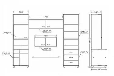 Стеллаж в детскую Модул 4 с тумбой, ящиками и дверкой Яблоня / Modul