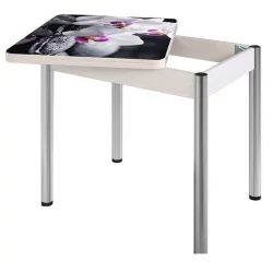 Стол поворотно-раскладной 1,2 Ника, СТЕКЛО, опоры Д50 круглые ХРОМ, Беленый дуб/Р041 / D50 дуб/R041