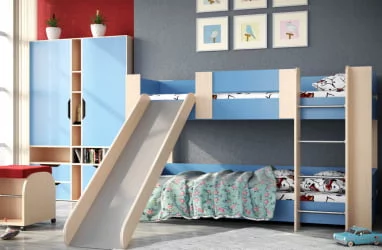 Кровать 2х ярусная №6 с горкой Дуб молочный/Синий