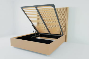 Мягкая интерьерная кровать &куот;Версаль Люкс&куот; с подъемным механизмом Материал фасада: Искусственная кожа; Спальное место: 1600х2000 мм; Цвет фасада: Бежевый; Цвет корпуса: Бежевый / "Версаль Люкс"