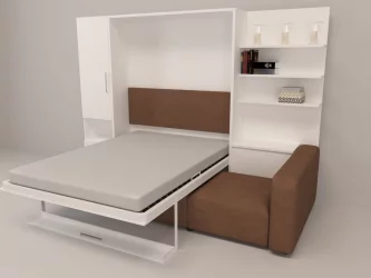 Шкаф-диван-кровать Смарт 1 левый с полкой и пуфом 1600 Ясень шимо темный