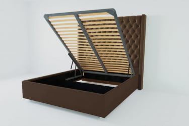 Мягкая интерьерная кровать &куот;Версаль Люкс&куот; с подъемным механизмом Материал фасада: Искусственная кожа; Спальное место: 2000х2000 мм; Цвет фасада: Коричневый; Цвет корпуса: Коричневый / "Версаль Люкс"