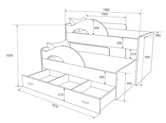 Выдвижная кровать для двоих детей РАДУГА Без ящика Дуб млечный / Голубой