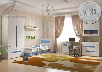 Шкаф двустворчатый с ящиками Палермо Юниор 07 Белый глянец Ясень шимо светлый Синий