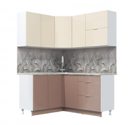 Угловая кухня Асти-латте угловой 1.4*1.6 м, белый/ ваниль глянец/ кофе с молоком/ ПФ королевский опал (б/с 800)