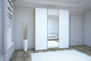 Шкаф-купе трехдверный Прайм 2100 Белое стекло/Зеркало/Белое стекло Дуб сонома