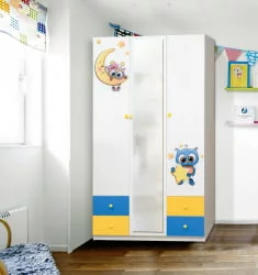 Зеленый шкаф с ящиками и фотопечатью Совята 3.2 Белый/Лайм/Синий