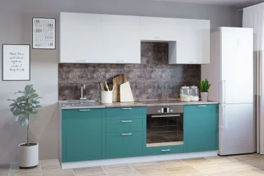 Гарнитур кухонный 2400 (накладная мойка) белый грунт/супермат бирюза