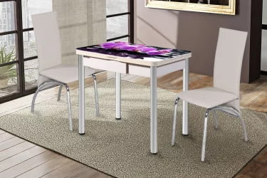 Круглый раздвижной стол Ника с ящиком СТЕКЛО, опоры Д50 круглые ХРОМ, Беленый дуб/139222259 / D50