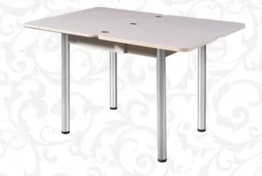 Стол поворотно-раскладной 1,2 Ника с ящиком СТЕКЛО, опоры Д50 круглые ХРОМ, Беленый дуб/Р045 / D50 дуб/R045