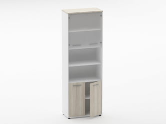 Шкаф 5 широкий верх стеклянная дверь, низ закрытый, две полки открытые Дека 10.23.191 Дуб Сантана светлый/Белый / Deka