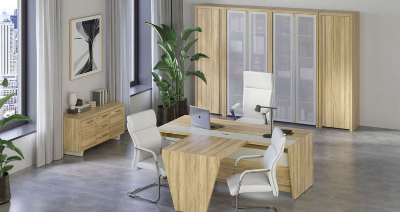 Шкаф высокий широкий (2 высоких фасада стекло сатин в раме) Корнер CОР.СТ-1.10Р Гикори Песочный / Corner COR.ST-1.10R_1