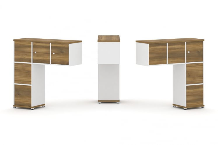 Надставка на стол низкая двухсторонняя + задняя стенка (5 шт.) + блок с 1-м ящиком (2 шт.) + распашной фасад (3 шт.) CОНCЕПТ CН.ДНН-006 Сандал Янтарный Белый бриллиант Белый металл / CONCEPT CN.DNN-006_0