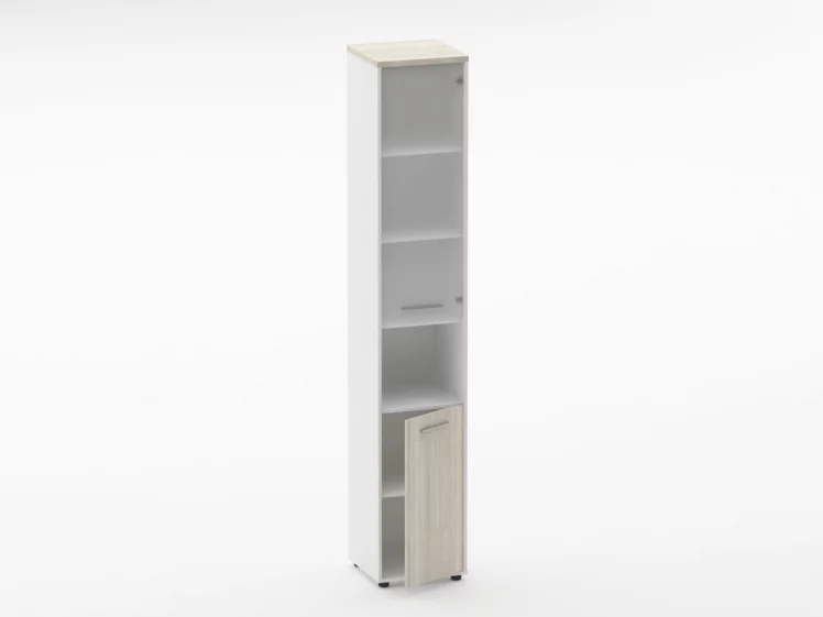 Шкаф 5 узкий верх стеклянная дверь, низ закрытый, с нишей Дека 10.23.18Пр Дуб Сантана светлый/Белый / Deka_1