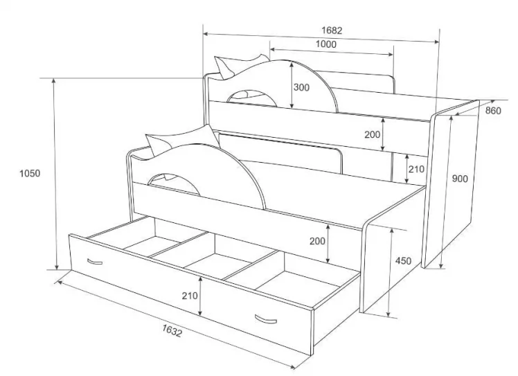 Кровать выкатная двухъярусная РАДУГА Без ящика Дуб млечный / Оранжевый_1