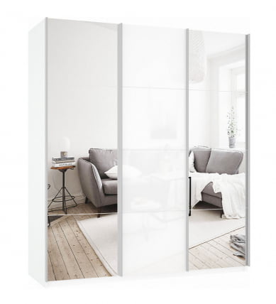 Шкаф-купе трехдверный Прайм 1800 Зеркало/Белое стекло/Зеркало Белый снег_0