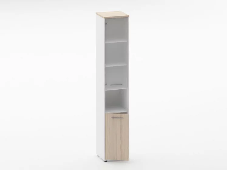 Шкаф 5 узкий верх стеклянная дверь, низ закрытый, с нишей Дека 10.23.18Л Туя/Белый / Deka_1