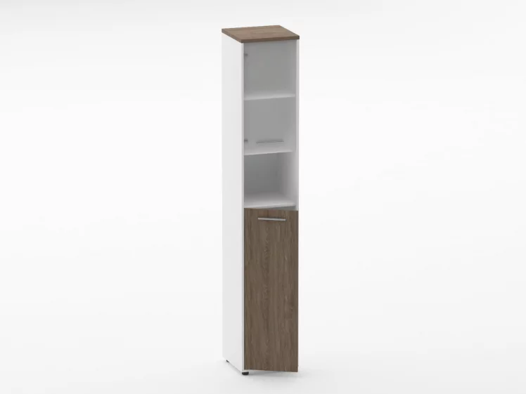 Шкаф 5 узкий верх стеклянная дверь, низ закрытый, с нишей Дека 10.23.20Л Дуб Верцаска/Белый / Deka_1