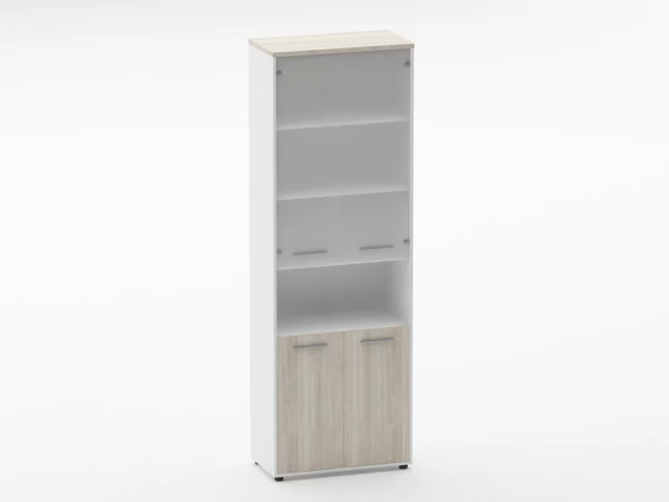 Шкаф 5 широкий верх стеклянная дверь, низ закрытый, с нишей Дека 10.23.181 Дуб Сантана светлый/Белый / Deka_0