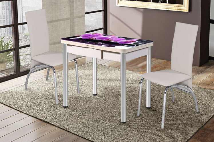 Стол поворотно-раскладной 1,2 Ника с ящиком СТЕКЛО, опоры Д50 круглые ХРОМ, Беленый дуб/Р045 / D50 дуб/R045_0