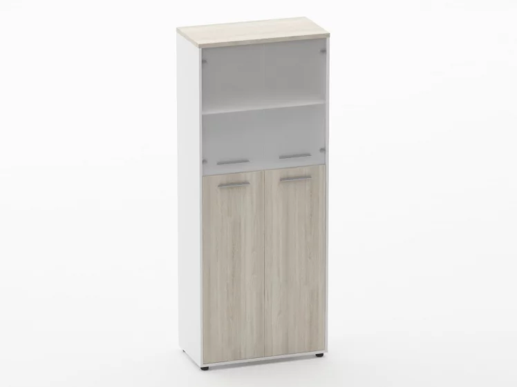 Шкаф 4 широкий верх стеклянные двери, низ закрытый Дека 10.19.191 Дуб Сантана светлый/Белый / Deka_0