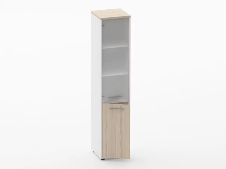 Шкаф 4 узкий верх стеклянная дверь, низ закрытый Дека 10.19.17Л Туя/Белый / Deka_1