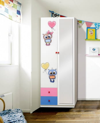 Шкаф 2-х дверный с ящиками, зеркалом и фотопечатью Совята 2.2 Белый/Оранжевый/Лайм_0