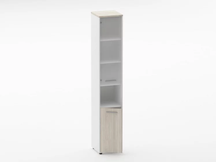 Шкаф 5 узкий верх стеклянная дверь, низ закрытый, с нишей Дека 10.23.18Л Дуб Сантана светлый/Белый / Deka_1