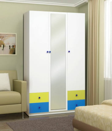 Шкаф 3-х дверный с ящиками и зеркалом Радуга Белый/Ярко-розовый/Синий_0