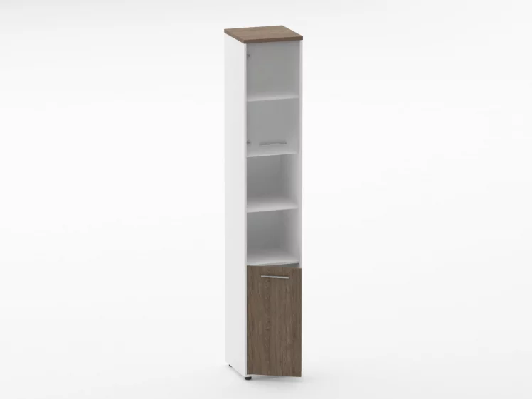 Шкаф 5 узкий верх стеклянная дверь, низ закрытый, две полки открытые Дека 10.23.19Л Дуб Верцаска/Белый / Deka_1