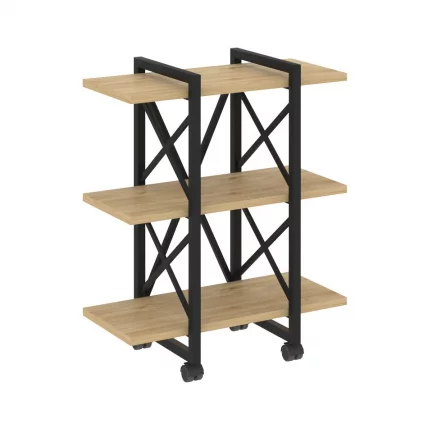 Стеллаж на колесных опорах - 3 полки ЛОФТ  ВР.Л-МСТ.К-3.4В Металл черный Тиквуд светлый / LOFT VR.L-MST.K-3.4V_0