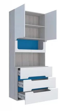 Стеллаж с ящиками Палермо Юниор 04  Белый глянец Ясень шимо светлый Синий_2