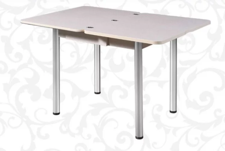 Стол поворотно-раскладной 1,2 Ника с ящиком СТЕКЛО, опоры Д50 круглые ХРОМ, Беленый дуб/139222259 / D50_2