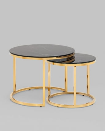 Журнальный столик Селена 60 и 45 см стекло Черный мрамор сталь золото_1