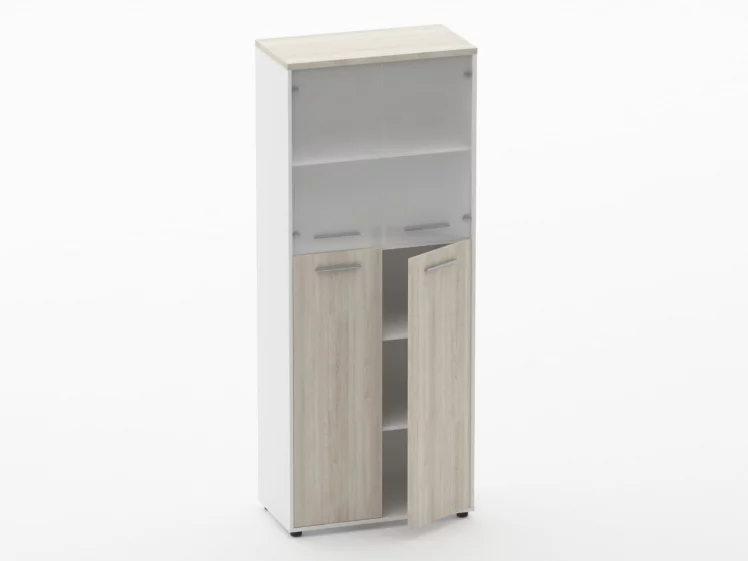 Шкаф 4 широкий верх стеклянные двери, низ закрытый Дека 10.19.191 Дуб Сантана светлый/Белый / Deka_1