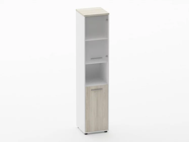 Шкаф 4 узкий верх стеклянная дверь, низ закрытый, с нишей Дека 10.19.18Пр Дуб Сантана светлый/Белый / Deka_0