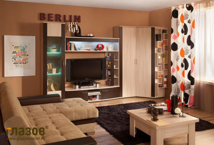 Гостиная композиция 6 Берлин Ясень Шимо светлый/Шоколад Глянец / Berlin_0