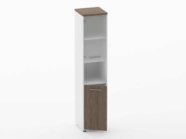 Шкаф 4 узкий верх стеклянная дверь, низ закрытый, с нишей Дека 10.19.18Л Дуб Верцаска/Белый / Deka_1