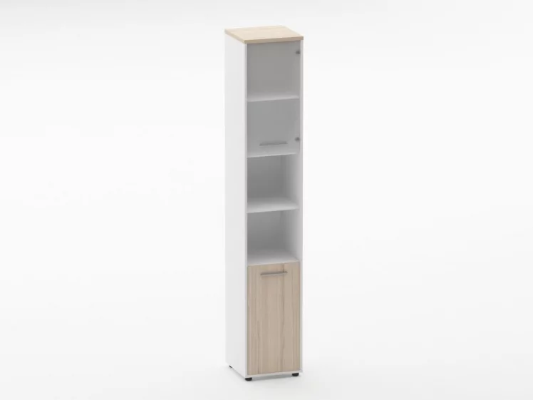 Шкаф 5 узкий верх стеклянная дверь, низ закрытый, две полки открытые Дека 10.23.19Пр Туя/Белый / Deka_0