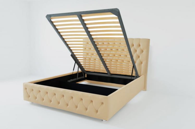 Мягкая интерьерная кровать &куот;Версаль&куот; с подъемным механизмом Материал фасада: Искусственная кожа; Спальное место: 1400х2000 мм; Цвет фасада: Бежевый; Цвет корпуса: Бежевый / "Версаль"_0