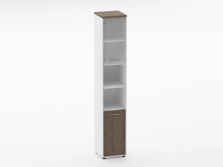 Шкаф 5 узкий верх стеклянная дверь, низ закрытый, две полки открытые Дека 10.23.19Л Дуб Верцаска/Белый / Deka_0