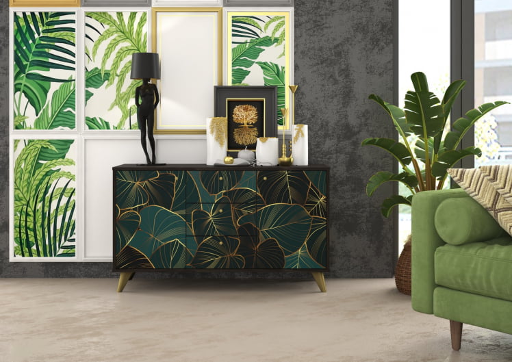 Комод Фьюжн КМ-003 АРТ Угольный камень/ТРОПИCАЛ / камень/TROPICAL_2