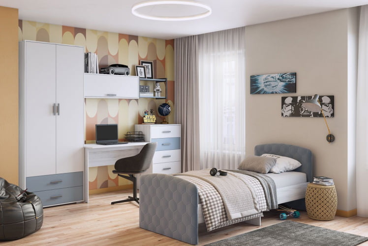 Кровать детская Стич с мягкими спинками, ясень анкор светлый/велюр НЕО 25 / NEO_1